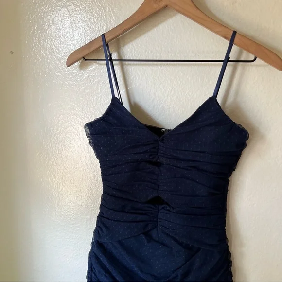 Lulus | Posh Outlook Navy Blue Swiss Dot Cutout Bodycon Dress - Picture 3 of 7
